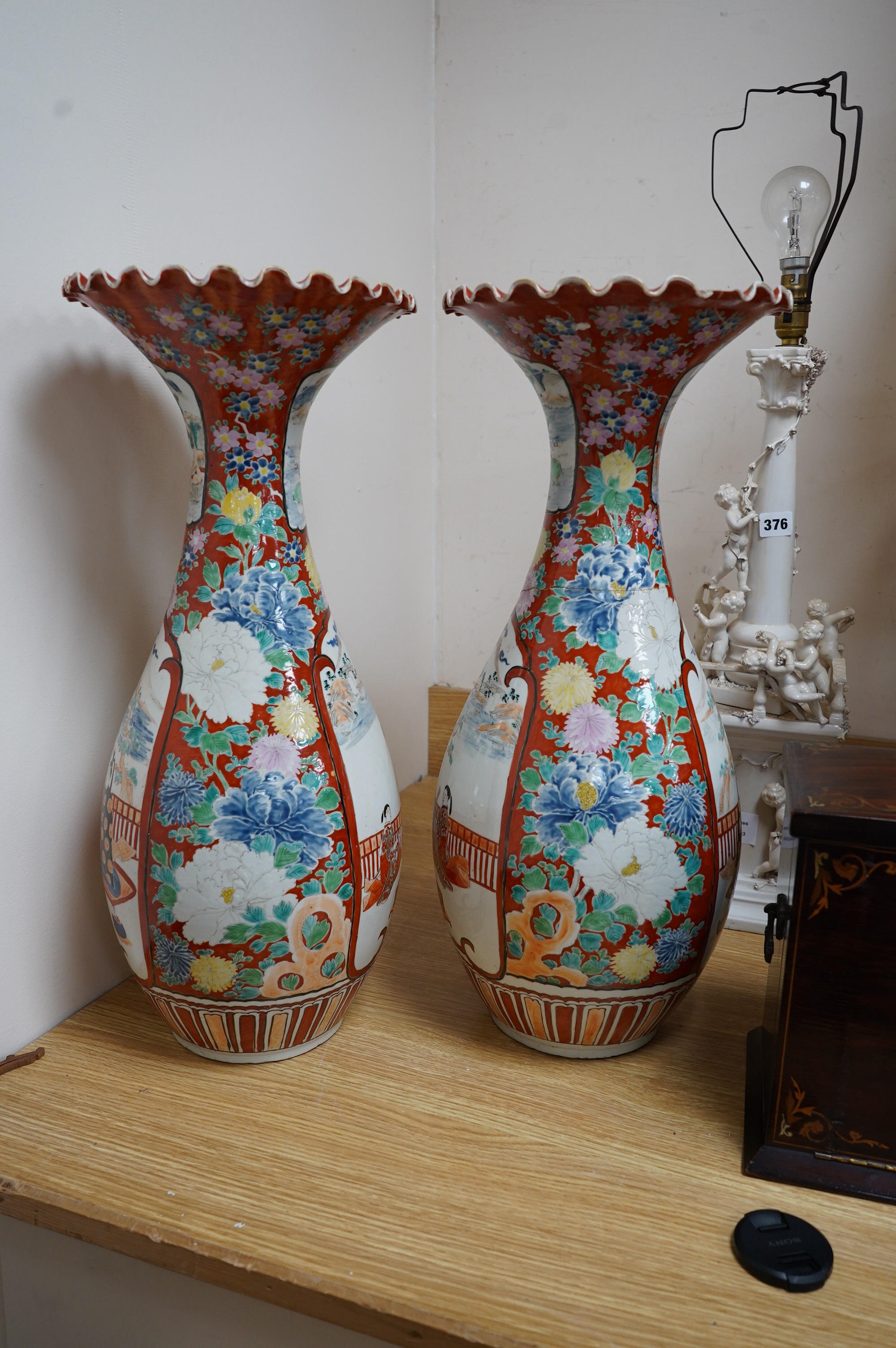 A pair of Japanese Kutani vases, Meiji period, 55.5cm. Condition - poor